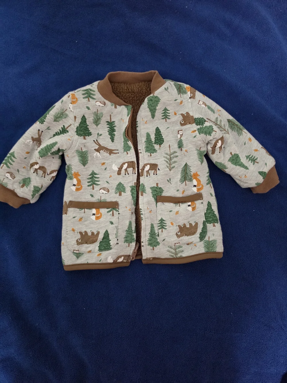 Woodland Animal Baby Jacket - Green & Brown Reversible 12-18 mos